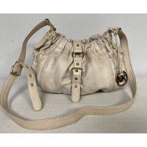 Michael Kors Cream Leather Drawstring Shoulder Bag With Gold Accents